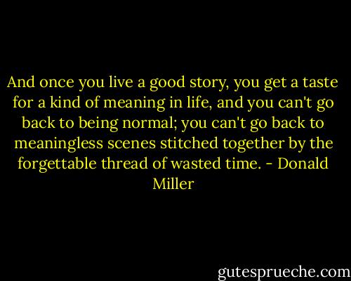 And once you live a good story, you get a taste for a kind of meaning in life, and you can't go back to being normal; you can't go back to meaningless scenes stitched together by the forgettable thread of wasted time. - Donald Miller