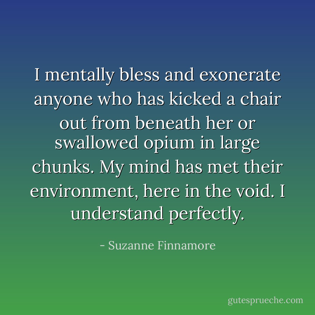 I mentally bless and exonerate anyone who has kicked a chair out from beneath her or swallowed opium in large chunks. My mind has met their environment, here in the void. I understand perfectly. - Suzanne Finnamore