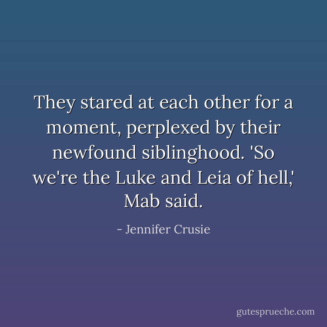 They stared at each other for a moment, perplexed by their newfound siblinghood. 'So we're the Luke and Leia of hell,' Mab said. - Jennifer Crusie