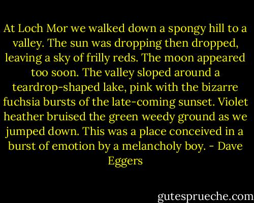 At Loch Mor we walked down a spongy hill to a valley. The sun was dropping then dropped, leaving a sky of frilly reds. The moon appeared too soon. The valley sloped around a teardrop-shaped lake, pink with the bizarre fuchsia bursts of the late-coming sunset. Violet heather bruised the green weedy ground as we jumped down. This was a place conceived in a burst of emotion by a melancholy boy. - Dave Eggers