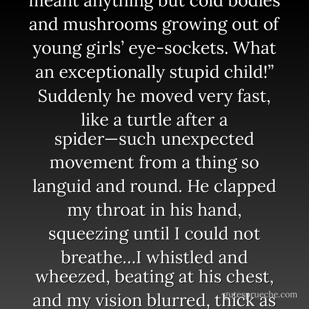 You wanted Death? This is it. Dirt and decay, nothing more. Death translates us all into earth.” He frowned at me, his cheeks puffing slightly. “Are you disappointed? Did you want a man in black robes? I’m sure I’ve a set somewhere. A dour, thin face with bony hands? I’ve more bones in this house than you could ever count. You’ve been moping over half the world looking for Death as though that word meant anything but cold bodies and mushrooms growing out of young girls’ eye-sockets. What an exceptionally stupid child!” Suddenly he moved very fast, like a turtle after a spider—such unexpected movement from a thing so languid and round. He clapped my throat in his hand, squeezing until I could not breathe…I whistled and wheezed, beating at his chest, and my vision blurred, thick as blood. “You want Death?” he hissed. “I am Death. I will break your neck and cover you with my jar of dirt. When you kill, you become Death, and so Death wears a thousand faces, a thousand robes, a thousand gazes.” He loosened his grip. “But you can be Death, too. You can wear that face and that gaze. Would you like to be Death? Would you like to live in this house and learn his trade? - Catherynne M. Valente