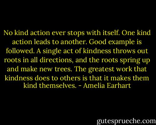 No kind action ever stops with itself. One kind action leads to another. Good example is followed. A single act of kindness throws out roots in all directions, and the roots spring up and make new trees. The greatest work that kindness does to others is that it makes them kind themselves. - Amelia Earhart