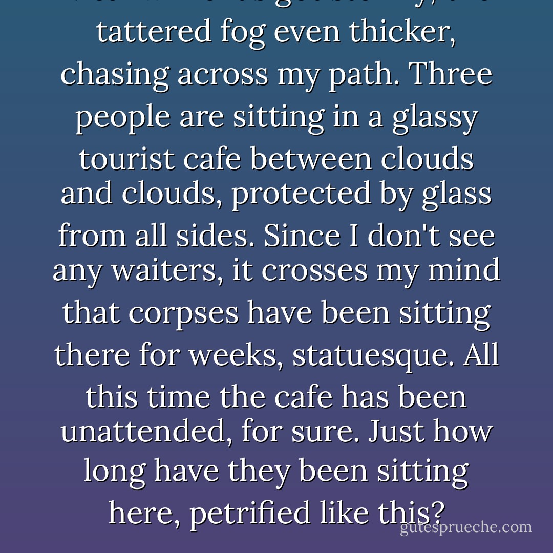 Meanwhile it's got stormy, the tattered fog even thicker, chasing across my path. Three people are sitting in a glassy tourist cafe between clouds and clouds, protected by glass from all sides. Since I don't see any waiters, it crosses my mind that corpses have been sitting there for weeks, statuesque. All this time the cafe has been unattended, for sure. Just how long have they been sitting here, petrified like this? - Werner Herzog