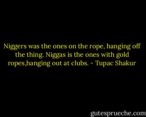 Niggers was the ones on the rope,<br />hanging off the thing. Niggas is the ones with gold ropes,hanging out at clubs. - Tupac Shakur