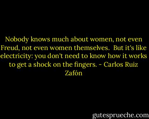 Nobody knows much about women, not even Freud, not even women themselves. <br />But it's like electricity: you don't need to know how it works to get a shock on the fingers. - Carlos Ruiz Zafón