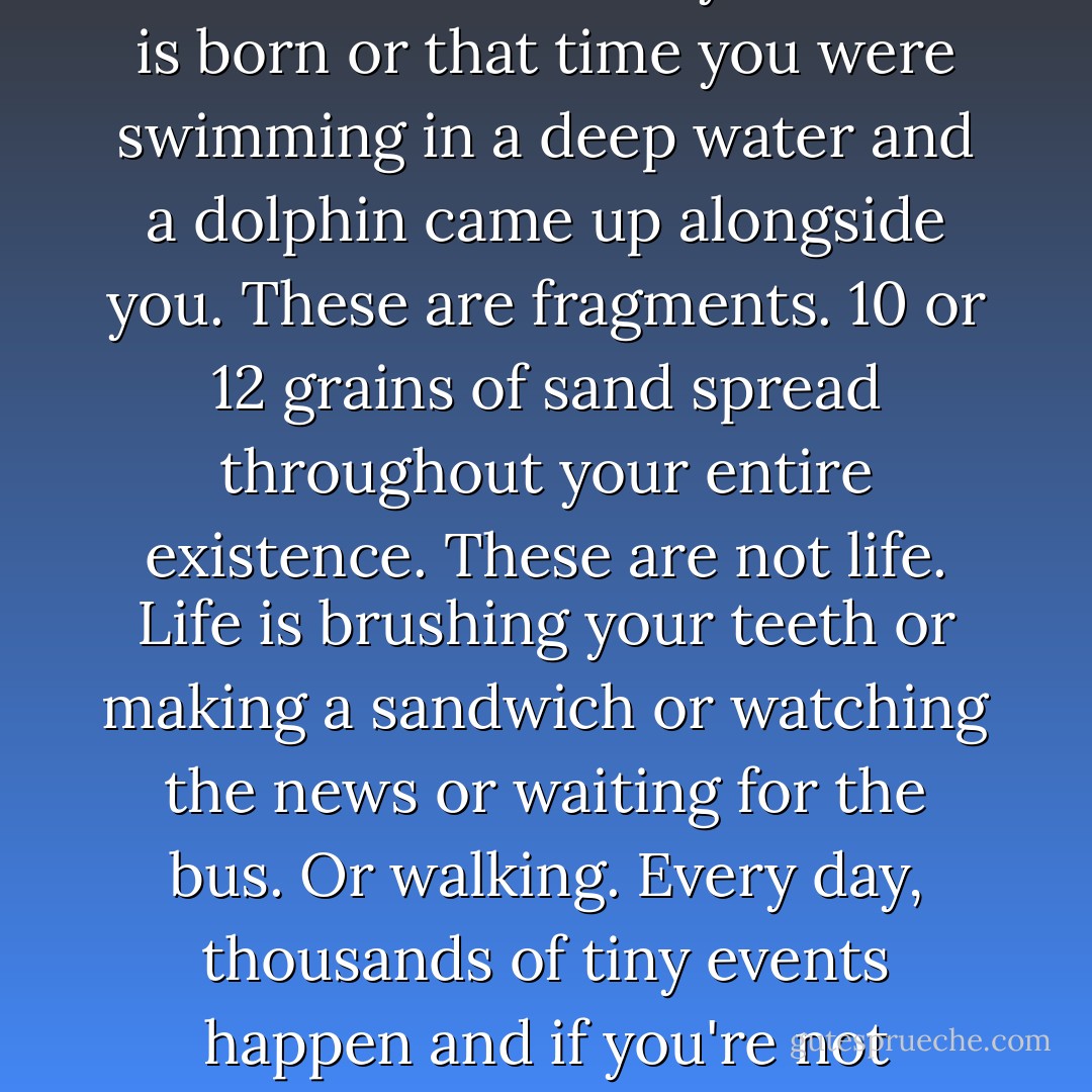 Most people miss their whole lives, you know. Listen, life isn't when you are standing on top of a mountain looking at a sunset. Life isn't waiting at the alter or the moment your child is born or that time you were swimming in a deep water and a dolphin came up alongside you. These are fragments. 10 or 12 grains of sand spread throughout your entire existence. These are not life. Life is brushing your teeth or making a sandwich or watching the news or waiting for the bus. Or walking. Every day, thousands of tiny events happen and if you're not watching, if you're not careful, if you don't capture them and make them COUNT, your could miss it. You could miss your whole life. - Toni Jordan