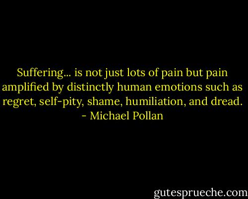 Suffering... is not just lots of pain but pain amplified by distinctly human emotions such as regret, self-pity, shame, humiliation, and dread. - Michael Pollan