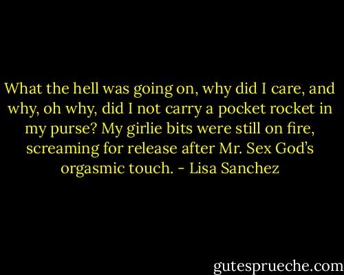 What the hell was going on, why did I care, and why, oh why, did I not carry a pocket rocket in my purse? My girlie bits were still on fire, screaming for release after Mr. Sex God’s orgasmic touch. - Lisa Sanchez