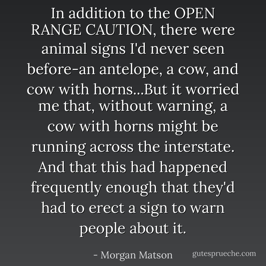 In addition to the OPEN RANGE CAUTION, there were animal signs I'd never seen before-an antelope, a cow, and cow with horns...But it worried me that, without warning, a cow with horns might be running across the interstate. And that this had happened frequently enough that they'd had to erect a sign to warn people about it. - Morgan Matson
