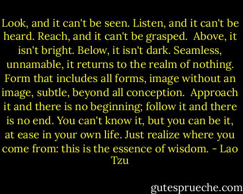 Look, and it can't be seen.<br />Listen, and it can't be heard.<br />Reach, and it can't be grasped.<br /><br />Above, it isn't bright.<br />Below, it isn't dark.<br />Seamless, unnamable,<br />it returns to the realm of nothing.<br />Form that includes all forms,<br />image without an image,<br />subtle, beyond all conception.<br /><br />Approach it and there is no beginning;<br />follow it and there is no end.<br />You can't know it, but you can be it,<br />at ease in your own life.<br />Just realize where you come from:<br />this is the essence of wisdom. - Lao Tzu