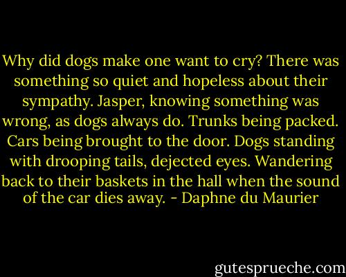 Why did dogs make one want to cry? There was something so quiet and hopeless about their sympathy. Jasper, knowing something was wrong, as dogs always do. Trunks being packed. Cars being brought to the door. Dogs standing with drooping tails, dejected eyes. Wandering back to their baskets in the hall when the sound of the car dies away. - Daphne du Maurier