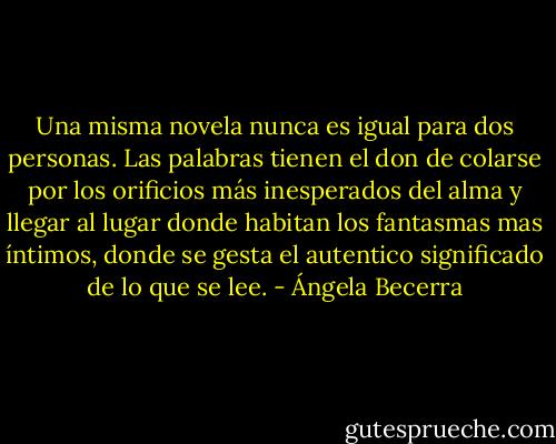 Una misma novela nunca es igual para dos personas. Las palabras tienen el don de colarse por los orificios más inesperados del alma y llegar al lugar donde habitan los fantasmas mas íntimos, donde se gesta el autentico significado de lo que se lee. - Ángela Becerra