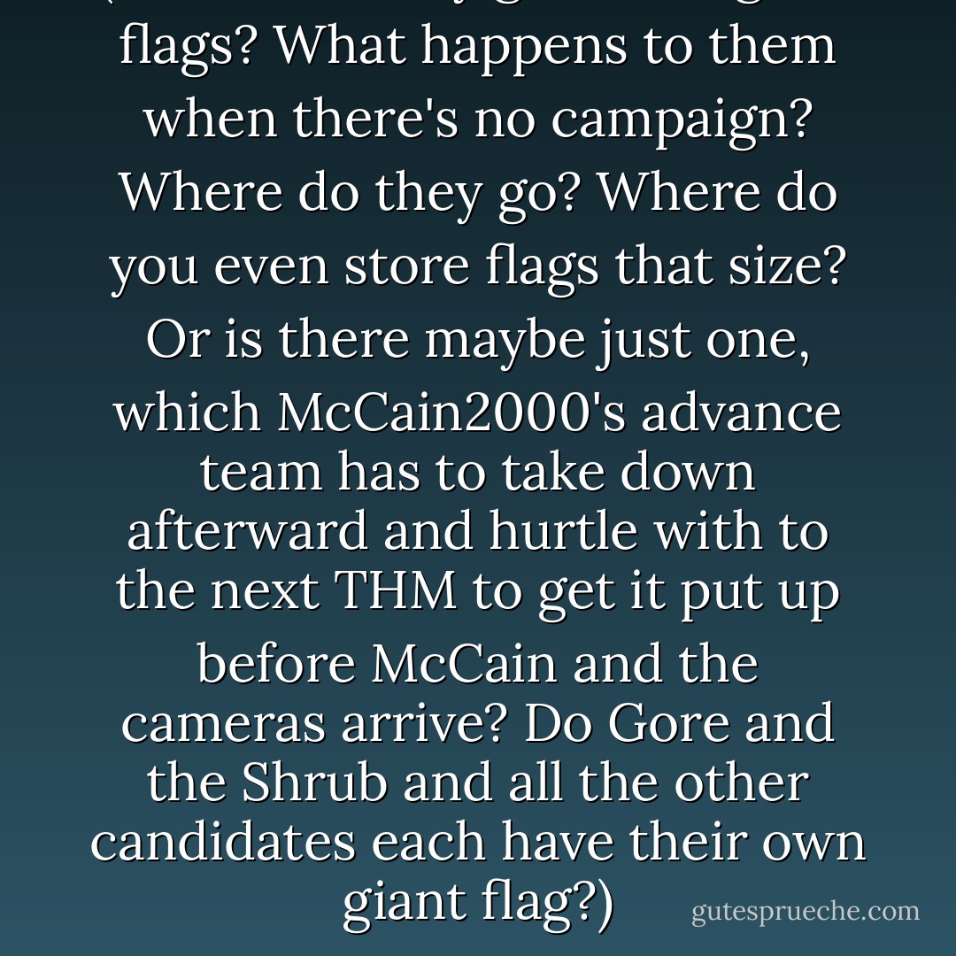 (Where do they <i>get</i> these giant flags? What happens to them when there's no campaign? Where do they go? Where do you even store flags that size? Or is there maybe just one, which McCain2000's advance team has to take down afterward and hurtle with to the next THM to get it put up before McCain and the cameras arrive? Do Gore and the Shrub and all the other candidates each have their own giant flag?) - David Foster Wallace