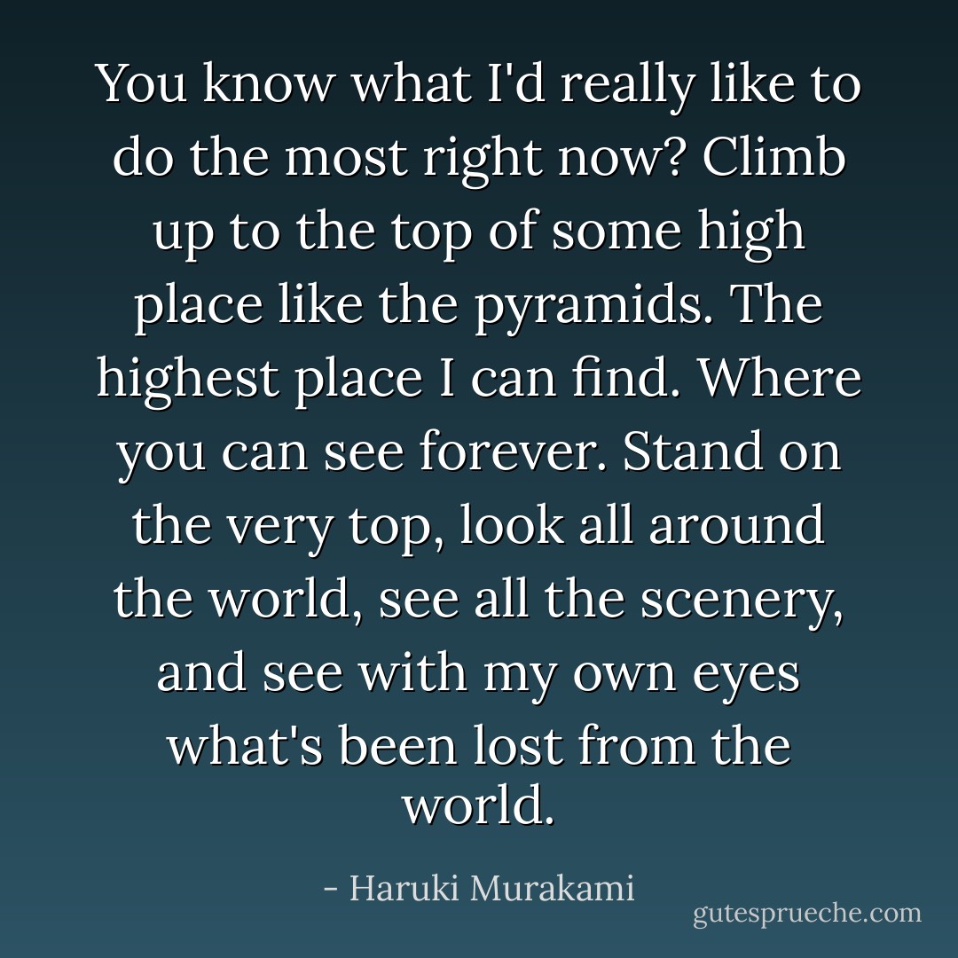 You know what I'd really like to do the most right now? Climb up to the top of some high place like the pyramids. The highest place I can find. Where you can see forever. Stand on the very top, look all around the world, see all the scenery, and see with my own eyes what's been lost from the world. - Haruki Murakami