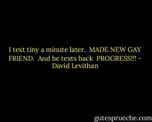 I text tiny a minute later.<br /><br />MADE NEW GAY FRIEND.<br /><br />And he texts back<br /><br />PROGRESS!!! - David Levithan
