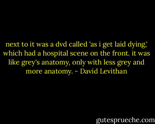 next to it was a dvd called 'as i get laid dying,' which had a hospital scene on the front. it was like grey's anatomy, only with less grey and more anatomy. - David Levithan