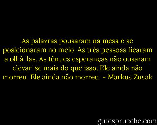 As palavras pousaram na mesa e se posicionaram no meio. As três pessoas ficaram a olhá-las. As tênues esperanças não ousaram elevar-se mais do que isso. Ele ainda não morreu. Ele ainda não morreu. - Markus Zusak