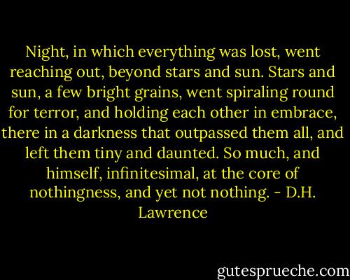 Night, in which everything was lost, went reaching out, beyond stars and sun. Stars and sun, a few bright grains, went spiraling round for terror, and holding each other in embrace, there in a darkness that outpassed them all, and left them tiny and daunted. So much, and himself, infinitesimal, at the core of nothingness, and yet not nothing. - D.H. Lawrence