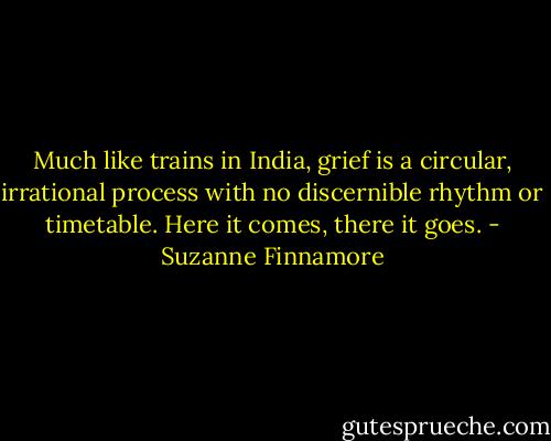 Much like trains in India, grief is a circular, irrational process with no discernible rhythm or timetable. Here it comes, there it goes. - Suzanne Finnamore