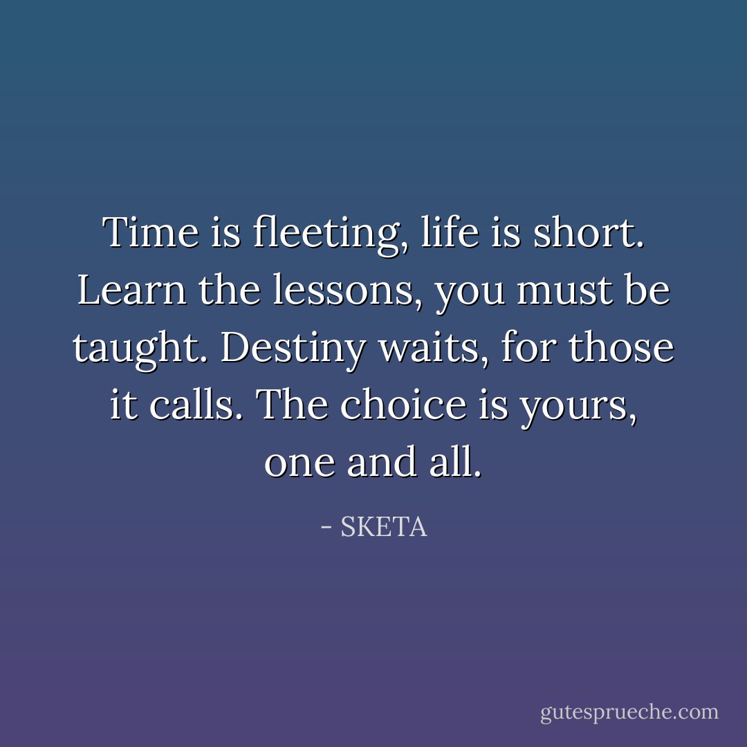 Time is fleeting, life is short.<br />Learn the lessons, you must be taught.<br />Destiny waits, for those it calls.<br />The choice is yours, one and all. - SKETA