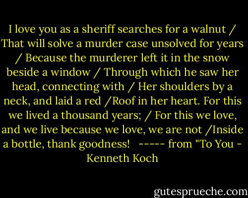 I love you as a sheriff searches for a walnut / That will solve a murder case unsolved for years / Because the murderer left it in the snow beside a window / Through which he saw her head, connecting with / Her shoulders by a neck, and laid a red /Roof in her heart. For this we lived a thousand years; / For this we love, and we live because we love, we are not /Inside a bottle, thank goodness! <br /><br />----- from "To You - Kenneth Koch