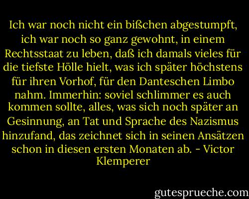 Ich war noch nicht ein bißchen abgestumpft, ich war noch so ganz gewohnt, in einem Rechtsstaat zu leben, daß ich damals vieles für die tiefste Hölle hielt, was ich später höchstens für ihren Vorhof, für den Danteschen Limbo nahm. Immerhin: soviel schlimmer es auch kommen sollte, alles, was sich noch später an Gesinnung, an Tat und Sprache des Nazismus hinzufand, das zeichnet sich in seinen Ansätzen schon in diesen ersten Monaten ab. - Victor Klemperer