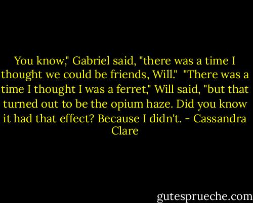 You know," Gabriel said, "there was a time I thought we could be friends, Will."<br /><br />"There was a time I thought I was a ferret," Will said, "but that turned out to be the opium haze. Did you know it had that effect? Because I didn't. - Cassandra Clare