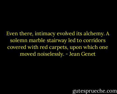 Even there, intimacy evolved its alchemy. A solemn marble stairway led to corridors covered with red carpets, upon which one moved noiselessly. - Jean Genet