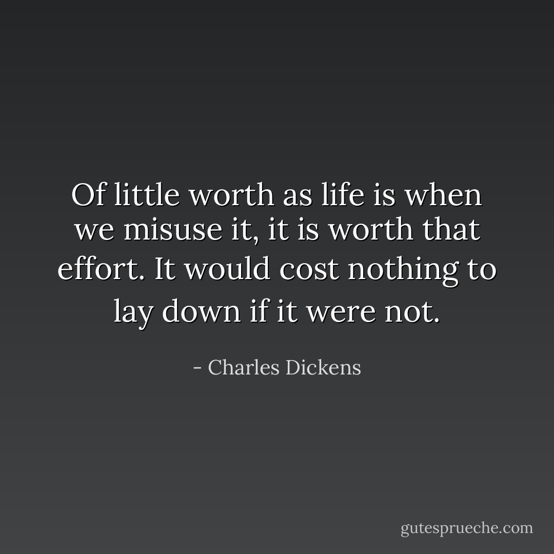 Of little worth as life is when we misuse it, it is worth that effort. It would cost nothing to lay down if it were not. - Charles Dickens