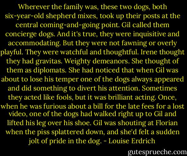 Wherever the family was, these two dogs, both six-year-old shepherd mixes, took up their posts at the central coming-and-going point. Gil called them concierge dogs. And it's true, they were inquisitive and accommodating. But they were not fawning or overly playful. They were watchful and thoughtful. Irene thought they had gravitas. Weighty demeanors. She thought of them as diplomats. She had noticed that when Gil was about to lose his temper one of the dogs always appeared and did something to divert his attention. Sometimes they acted like fools, but it was brilliant acting. Once, when he was furious about a bill for the late fees for a lost video, one of the dogs had walked right up to Gil and lifted his leg over his shoe. Gil was shouting at Florian when the piss splattered down, and she'd felt a sudden jolt of pride in the dog. - Louise Erdrich