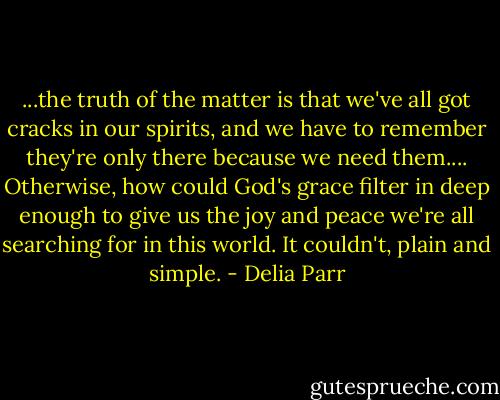 ...the truth of the matter is that we've all got cracks in our spirits, and we have to remember they're only there because we need them.... Otherwise, how could God's grace filter in deep enough to give us the joy and peace we're all searching for in this world. It couldn't, plain and simple. - Delia Parr