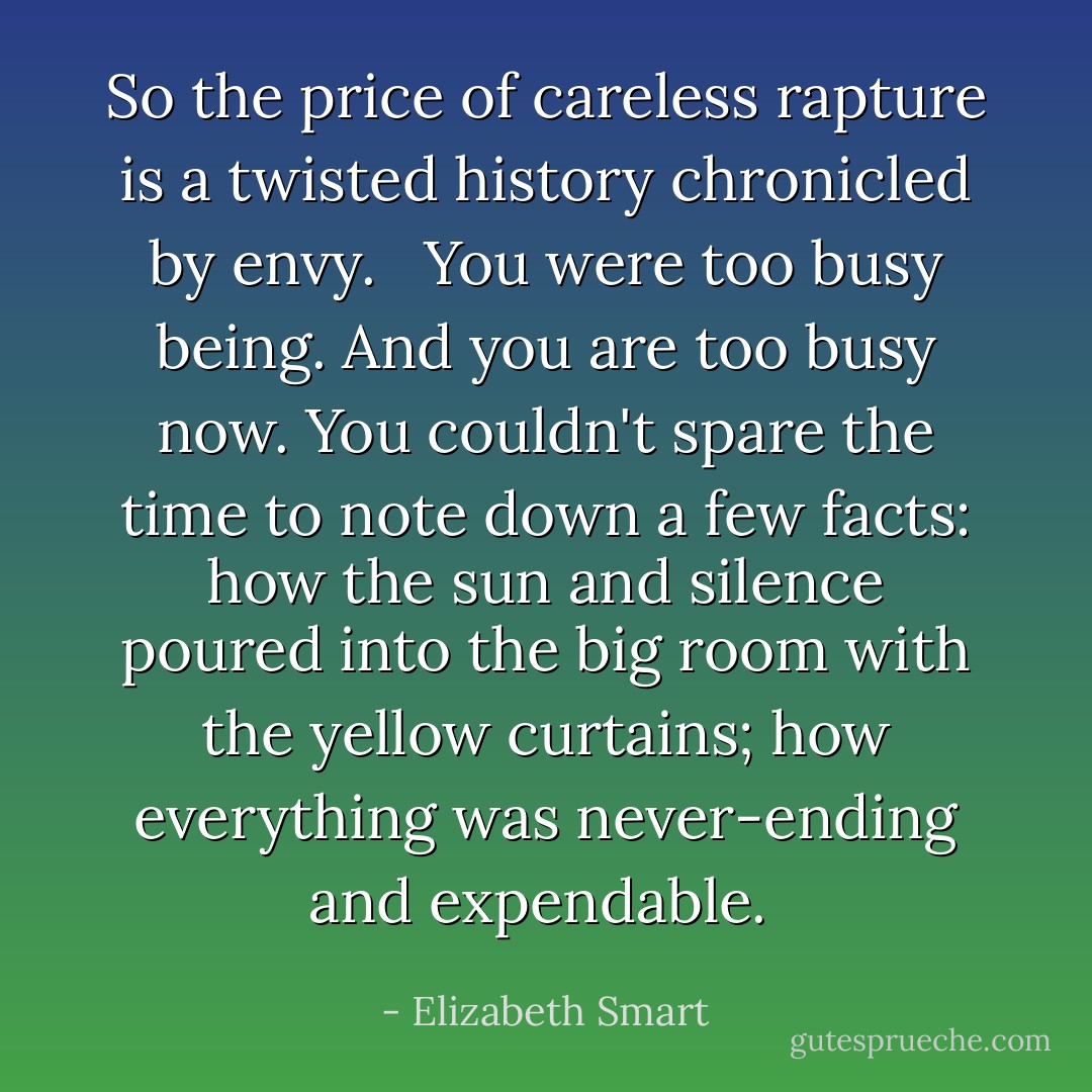 So the price of careless rapture is a twisted history chronicled by envy. <br /><br />You were too busy being. And you are too busy now. You couldn't spare the time to note down a few facts: how the sun and silence poured into the big room with the yellow curtains; how everything was never-ending and expendable.  - Elizabeth Smart
