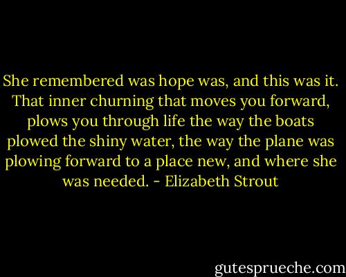 She remembered was hope was, and this was it. That inner churning that moves you forward, plows you through life the way the boats plowed the shiny water, the way the plane was plowing forward to a place new, and where she was needed. - Elizabeth Strout