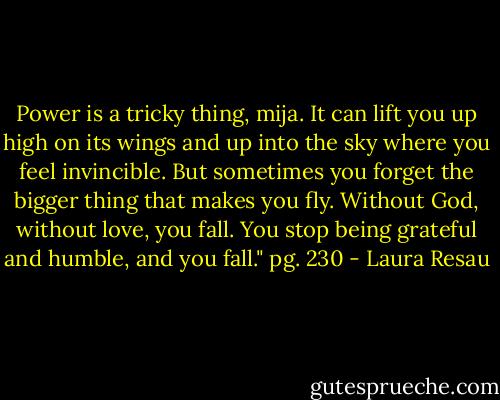 Power is a tricky thing, mija. It can lift you up high on its wings and up into the sky where you feel invincible. But sometimes you forget the bigger thing that makes you fly. Without God, without love, you fall. You stop being grateful and humble, and you fall." pg. 230 - Laura Resau