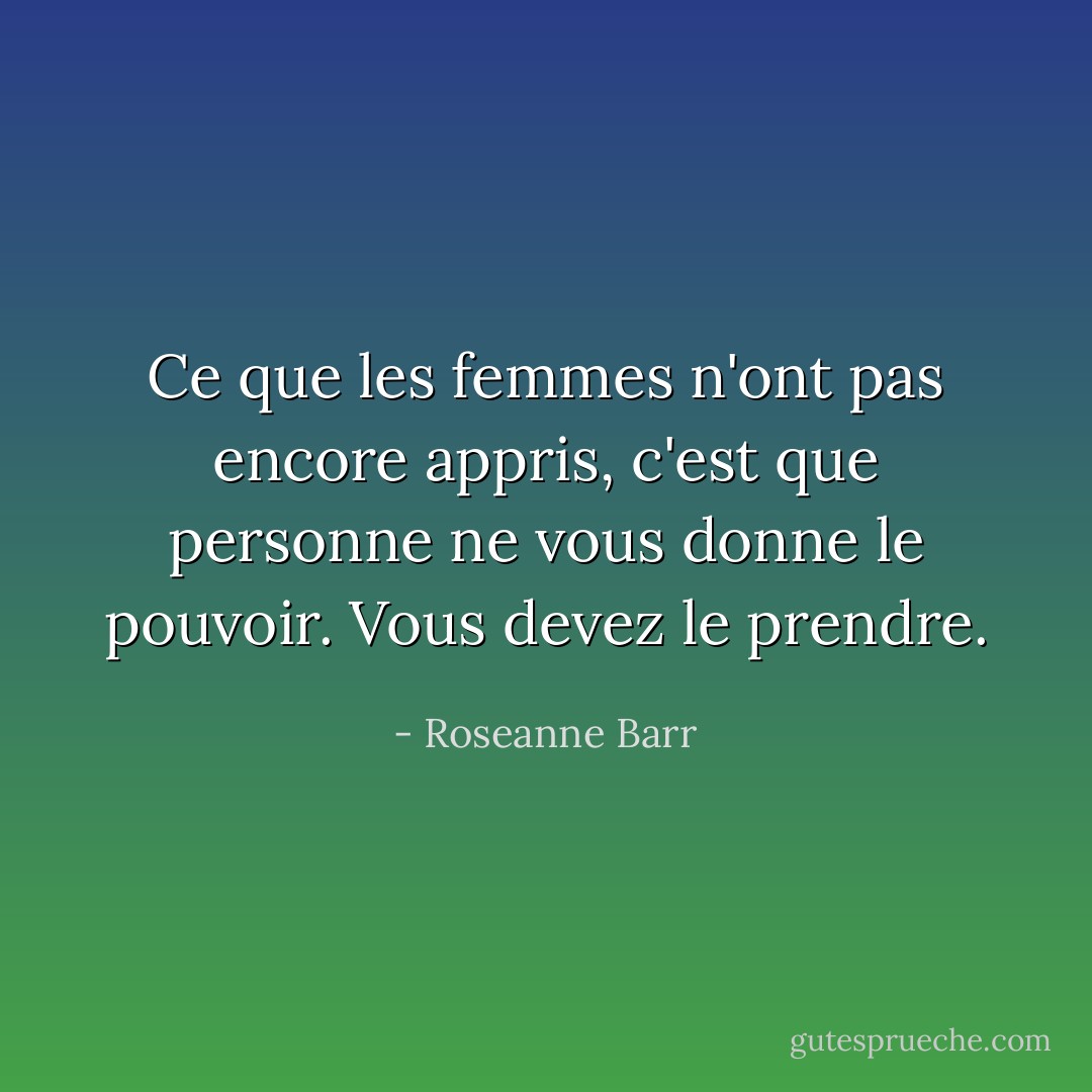 Ce que les femmes n'ont pas encore appris, c'est que personne ne vous donne le pouvoir. Vous devez le prendre. - Roseanne Barr