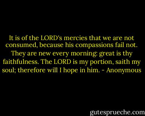 It is of the LORD's mercies that we are not consumed, because his compassions fail not. They are new every morning: great is thy faithfulness. The LORD is my portion, saith my soul; therefore will I hope in him. - Anonymous