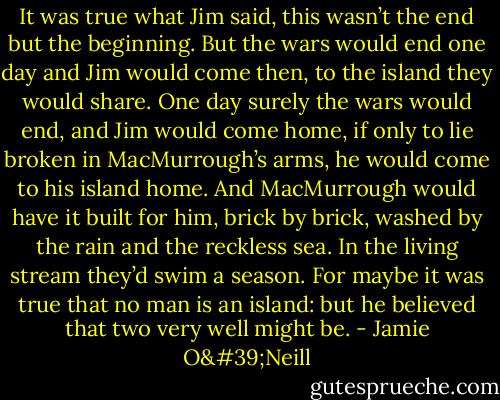 It was true what Jim said, this wasn’t the end but the beginning. But the wars would end one day and Jim would come then, to the island they would share. One day surely the wars would end, and Jim would come home, if only to lie broken in MacMurrough’s arms, he would come to his island home. And MacMurrough would have it built for him, brick by brick, washed by the rain and the reckless sea. In the living stream they’d swim a season. For maybe it was true that no man is an island: but he believed that two very well might be. - Jamie O'Neill