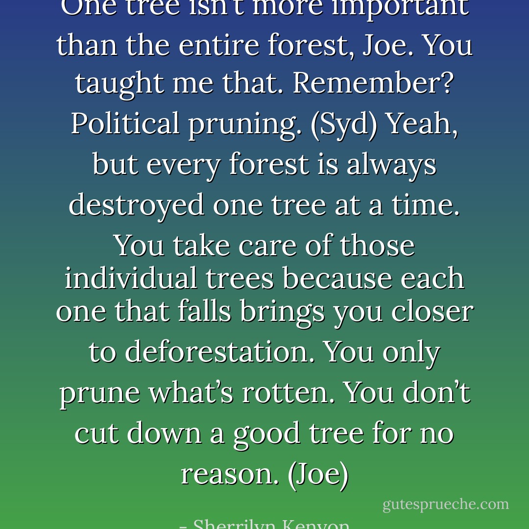 One tree isn’t more important than the entire forest, Joe. You taught me that. Remember? Political pruning. (Syd)<br />Yeah, but every forest is always destroyed one tree at a time. You take care of those individual trees because each one that falls brings you closer to deforestation. You only prune what’s rotten. You don’t cut down a good tree for no reason. (Joe) - Sherrilyn Kenyon