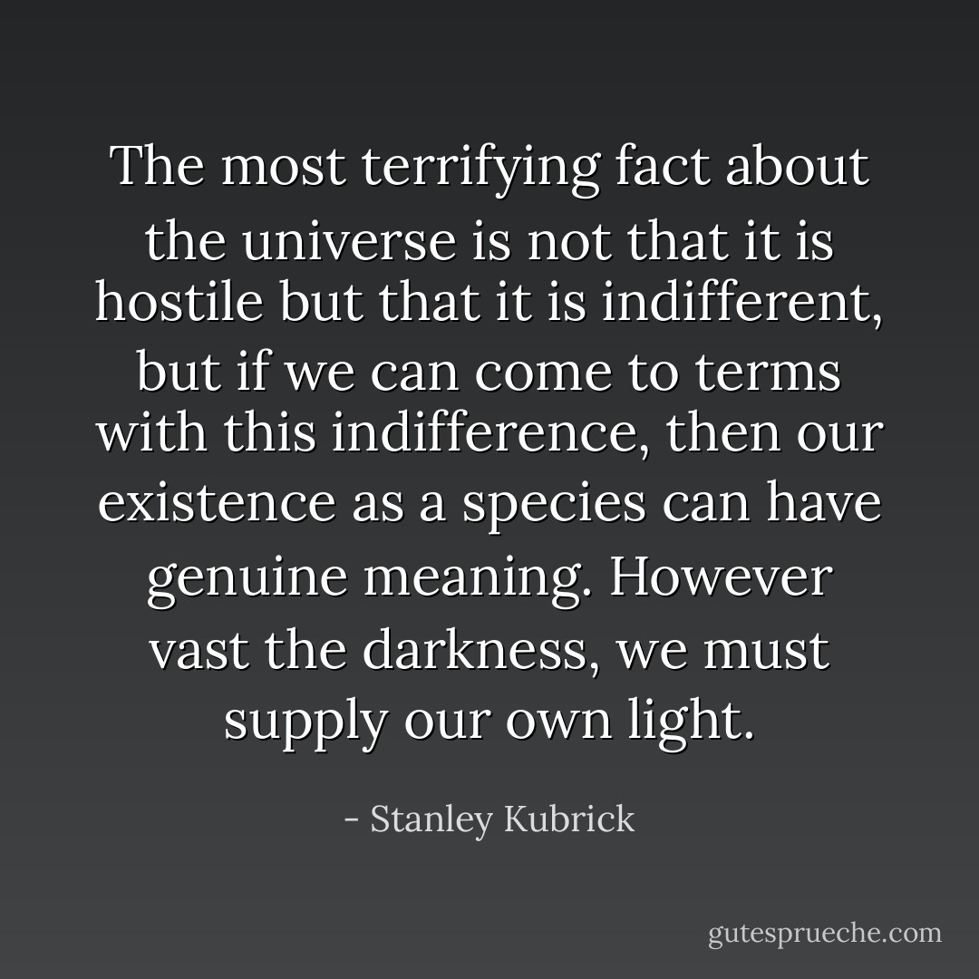 The most terrifying fact about the universe is not that it is hostile but that it is indifferent, but if we can come to terms with this indifference, then our existence as a species can have genuine meaning. However vast the darkness, we must supply our own light. - Stanley Kubrick