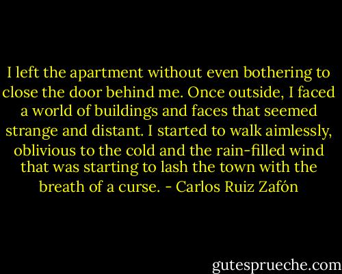 I left the apartment without even bothering to close the door behind me. Once outside, I faced a world of buildings and faces that seemed strange and distant. I started to walk aimlessly, oblivious to the cold and the rain-filled wind that was starting to lash the town with the breath of a curse. - Carlos Ruiz Zafón