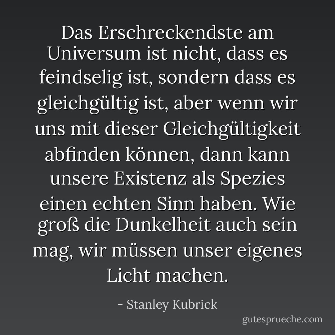 Das Erschreckendste am Universum ist nicht, dass es feindselig ist, sondern dass es gleichgültig ist, aber wenn wir uns mit dieser Gleichgültigkeit abfinden können, dann kann unsere Existenz als Spezies einen echten Sinn haben. Wie groß die Dunkelheit auch sein mag, wir müssen unser eigenes Licht machen. - Stanley Kubrick<
