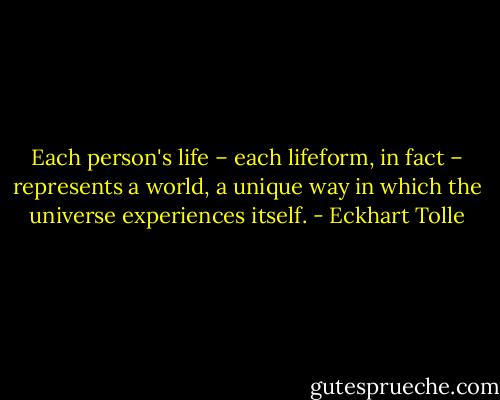 Each person's life – each lifeform,<br />in fact – represents a world, a<br />unique way in which the universe experiences itself. - Eckhart Tolle