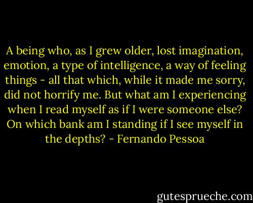 A being who, as I grew older, lost imagination, emotion, a type of intelligence, a way of feeling things - all that which, while it made me sorry, did not horrify me. But what am I experiencing when I read myself as if I were someone else? On which bank am I standing if I see myself in the depths? - Fernando Pessoa