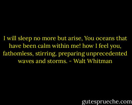 I will sleep no more but arise, You oceans that have been calm within me! how I feel you, fathomless, stirring, preparing unprecedented waves and storms. - Walt Whitman