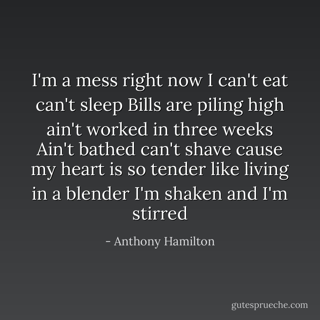 I'm a mess right now I can't eat can't sleep<br />Bills are piling high ain't worked in three weeks<br />Ain't bathed can't shave cause my heart is so tender like living in a blender<br />I'm shaken and I'm stirred - Anthony Hamilton