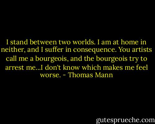 I stand between two worlds. I am at home in neither, and I suffer in consequence. You artists call me a bourgeois, and the bourgeois try to arrest me...I don't know which makes me feel worse. - Thomas Mann