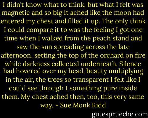 I didn't know what to think, but what I felt was magnetic and so big it ached like the moon had entered my chest and filled it up. The only think I could compare it to was the feeling I got one time when I walked from the peach stand and saw the sun spreading across the late afternoon, setting the top of the orchard on fire while darkness collected underneath. Silence had hovered over my head, beauty multiplying in the air, the trees so transparent I felt like I could see through t something pure inside them. My chest ached then, too, this very same way. - Sue Monk Kidd