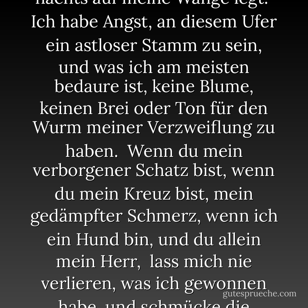 Lass mich nie das Staunen<br />über deine statuenhaften Augen verlieren, oder den Akzent<br />den die einsame Rose deines Atems<br />nachts auf meine Wange legt.<br /><br />Ich habe Angst, an diesem Ufer<br />ein astloser Stamm zu sein, und was ich am meisten bedaure<br />ist, keine Blume, keinen Brei oder Ton<br />für den Wurm meiner Verzweiflung zu haben.<br /><br />Wenn du mein verborgener Schatz bist,<br />wenn du mein Kreuz bist, mein gedämpfter Schmerz,<br />wenn ich ein Hund bin, und du allein mein Herr,<br /><br />lass mich nie verlieren, was ich gewonnen habe,<br />und schmücke die Zweige deines Flusses<br />mit Blättern meines entfremdeten Herbstes. - Federico García Lorca<