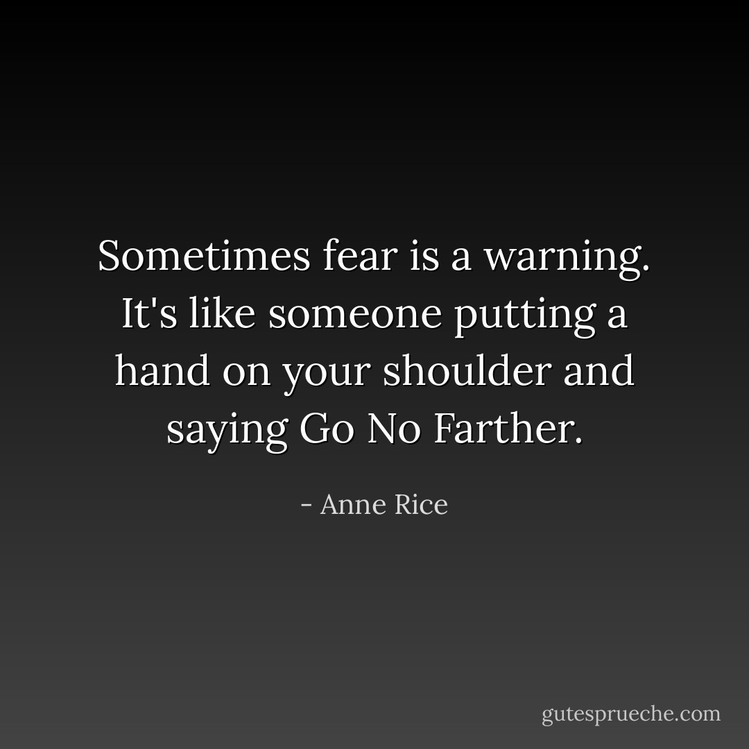 Sometimes fear is a warning. It's like someone putting a hand on your shoulder and saying Go No Farther. - Anne Rice