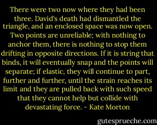 There were two now where they had been three. David's death had dismantled the triangle, and an enclosed space was now open. Two points are unreliable; with nothing to anchor them, there is nothing to stop them drifting in opposite directions. If it is string that binds, it will eventually snap and the points will separate; if elastic, they will continue to part, further and further, until the strain reaches its limit and they are pulled back with such speed that they cannot help but collide with devastating force. - Kate Morton